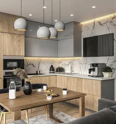 Modern gray kitchen with wood photo