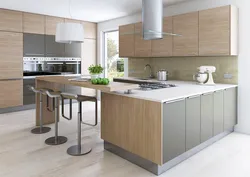 Modern gray kitchen with wood photo