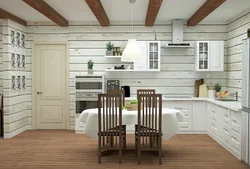 Kitchens on one wall in a wooden house photo