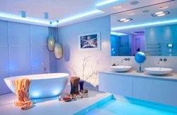 Жарықтандыру фотосуреті бар ванна бөлмесінің дизайны