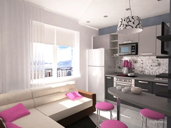 Kitchen interior 15 sq m with sofa