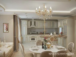 Дизайн в классическом стиле гостиной кухни