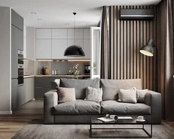 Living room kitchen design in gray photo