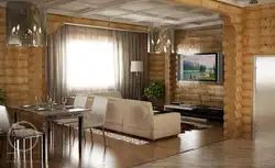 Modern living room in a wooden house photo