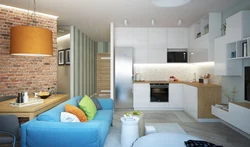 Kitchen interior 16 sq m photo with sofa