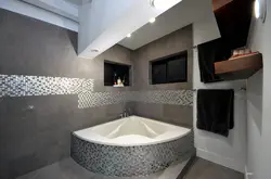 Бұрышта ваннасы бар ванна бөлмесінің дизайны