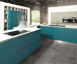 Light turquoise kitchen in the interior