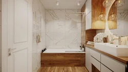Мәрмәр плиткалар мен ағаштан жасалған ванна дизайны
