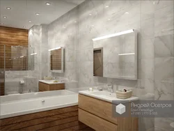 Bath design with marble tiles and wood
