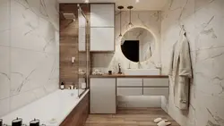 Дизайн ванны с мраморной плиткой и деревом