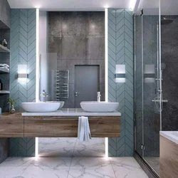 Gray bathroom with wood photo