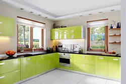 Green kitchen with wood kitchen interior