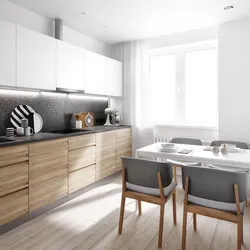 Light gray kitchen with wooden countertop photo