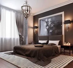 Modern bedroom interior with brown furniture
