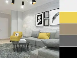 Combination of gray in the interior with other colors in the living room photo