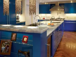 Kitchen interior with blue facade