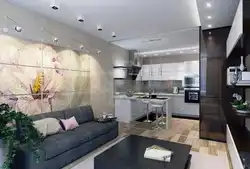 Interior design of kitchen living room 15 sq m