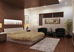 Интерьер спальни с коричневым потолком