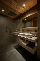 Ванна бөлмесінің бетоны және ағаш интерьер дизайны