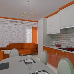 Gray wallpaper and orange kitchen photo