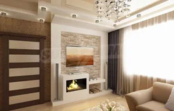 Living room interior 18 sq m with fireplace
