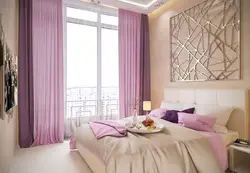 Purple curtains in the bedroom interior photo