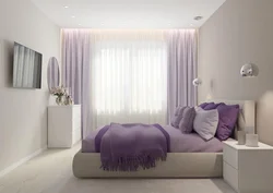 Purple curtains in the bedroom interior photo