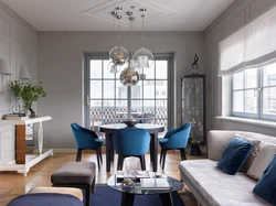 Blue sofa in the kitchen in the interior