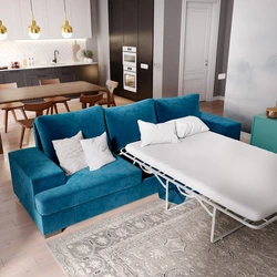 Синий диван на кухне в интерьере