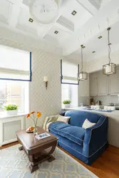 Blue sofa in the kitchen in the interior