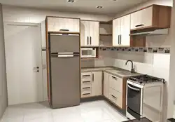 Corner kitchen design with refrigerator in the corner