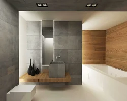 Ванна бөлмесінің дизайны ағаш және бетон плиткалары
