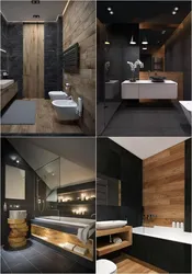 Ванна бөлмесінің дизайны ағаш және бетон плиткалары