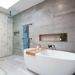 Bathroom design wood and concrete tiles