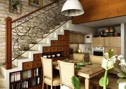 Кухня в доме с лестницей на второй этаж дизайн фото