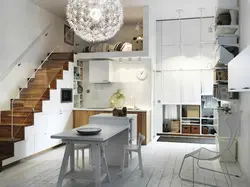 Кухня в доме с лестницей на второй этаж дизайн фото