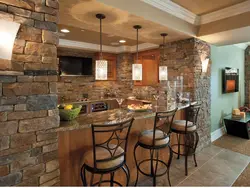 Decorative stone in the kitchen photo design with wallpaper