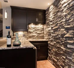 Decorative stone in the kitchen photo design with wallpaper