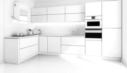 Interior of a white glossy corner kitchen