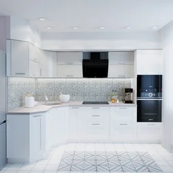 Interior of a white glossy corner kitchen