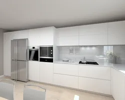 Interior of a white glossy corner kitchen