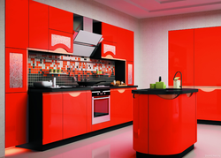 Coral-colored kitchen in the interior