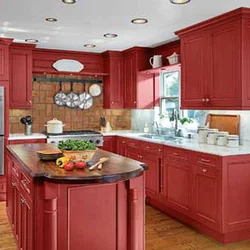 Coral-colored kitchen in the interior