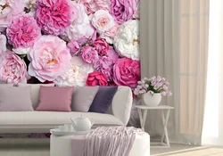 Wallpaper roses in the living room interior