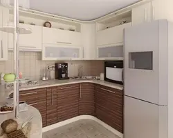 Кухня кутняя дызайн з халадзільнікам у светлых танах