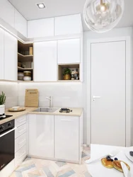 Corner kitchen design with refrigerator in light colors