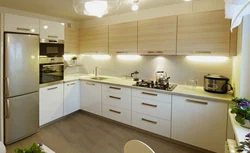 Corner Kitchen Design With Refrigerator In Light Colors