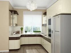 Corner kitchen design with refrigerator in light colors