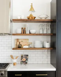 Kitchen design with open shelves and cabinets