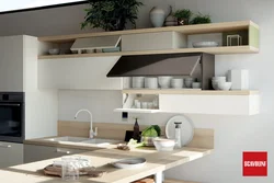 Kitchen design with open shelves and cabinets